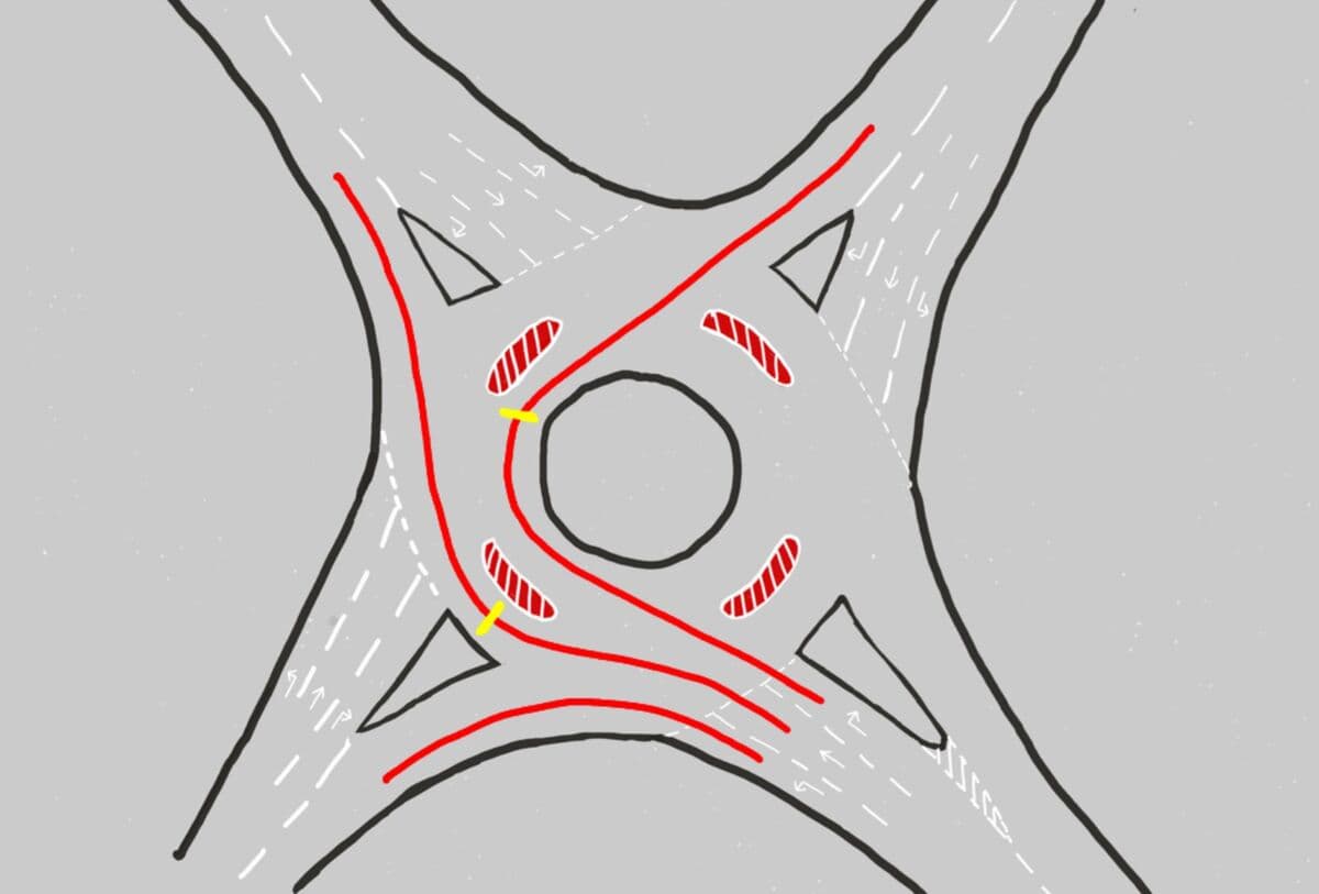 Lane diagram for Balls Corner roundabout, Newton Abbot